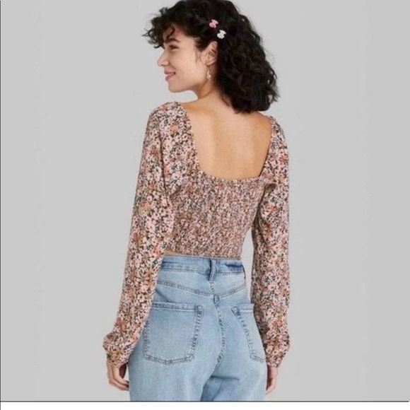 Wild Fable floral boho smocked puff sleeve cropped top size XL brown - Picture 3 of 11